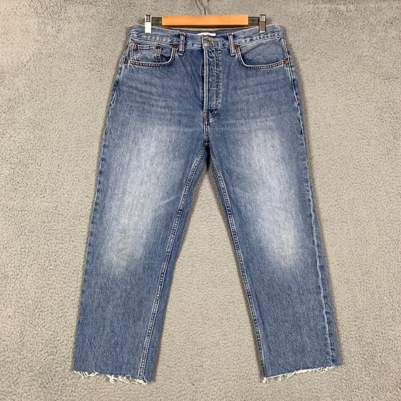Re/Done 70s Stove Pipe Jeans Women's 30 Blue High Rise Crop Straight Leg Raw Hem - Picture 2 of 13
